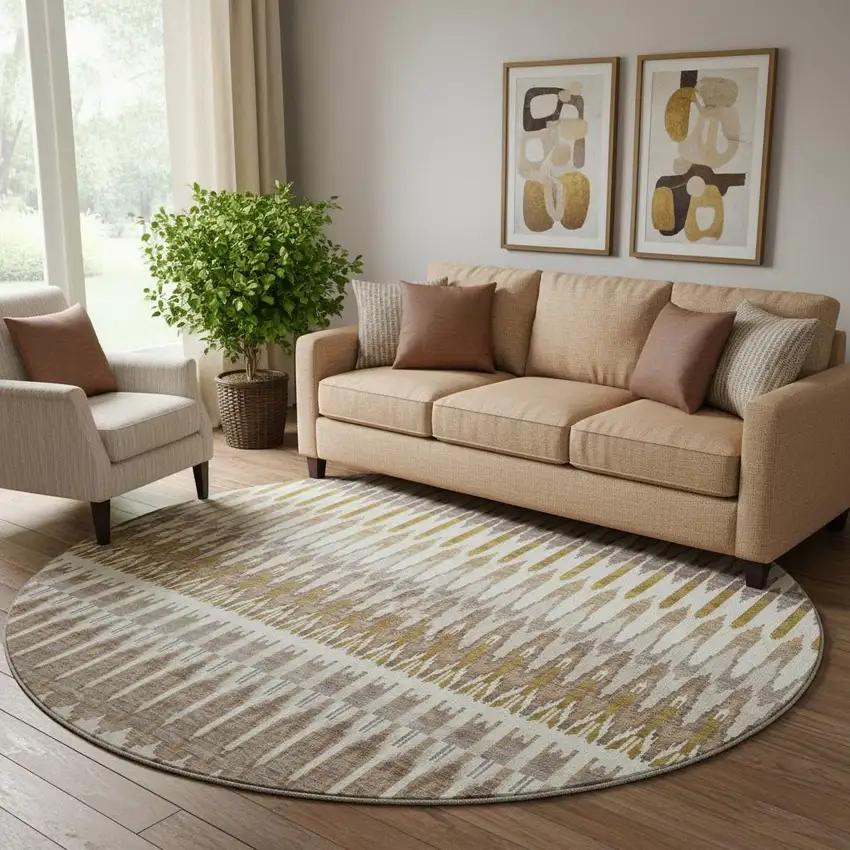 8' Brown Ivory And Beige Southwestern Washable Round Rug With UV Protection Photo 1