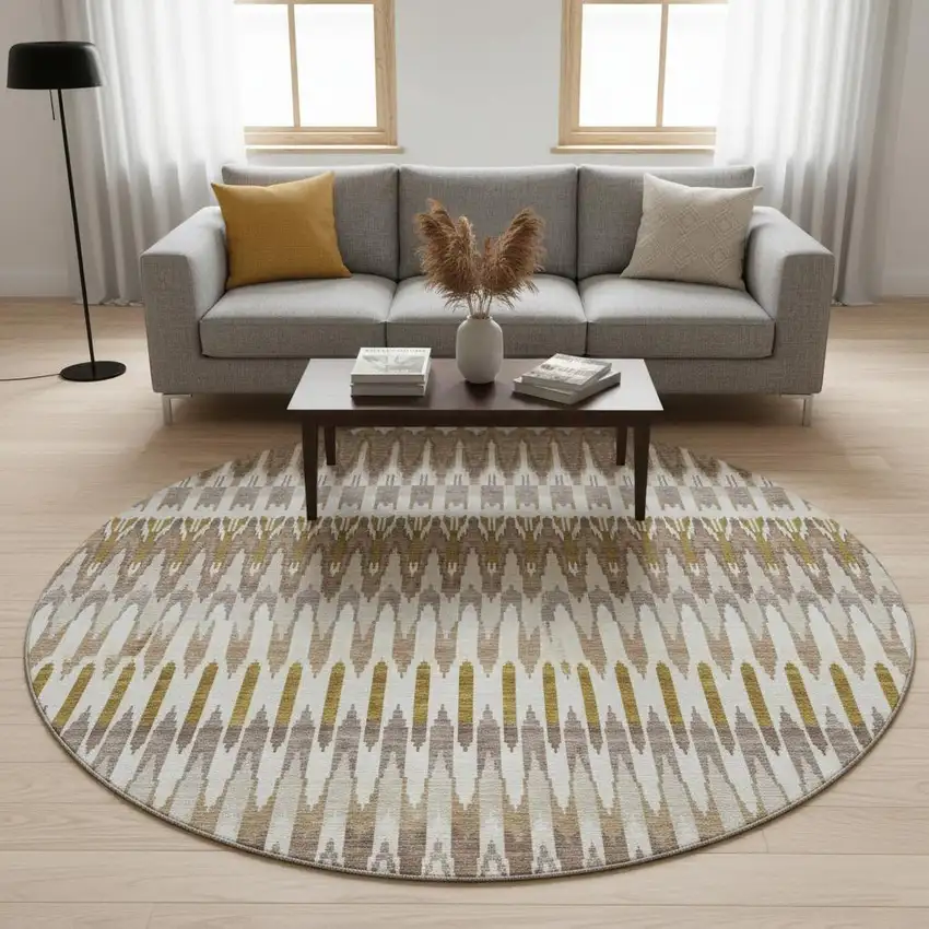 8' Brown Ivory And Beige Southwestern Washable Round Rug With UV Protection Photo 2