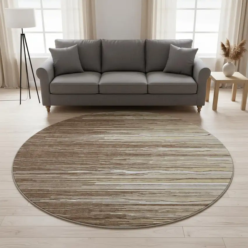 8' Brown Ivory And Beige Striped Washable Round Rug With UV Protection Photo 2