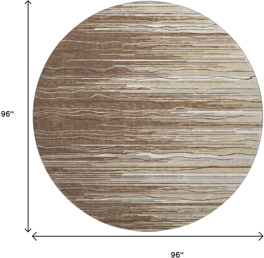 8' Brown Ivory And Beige Striped Washable Round Rug With UV Protection Photo 9