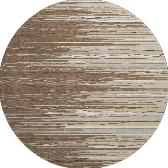 8' Brown Ivory And Beige Striped Washable Round Rug With UV Protection Photo 2