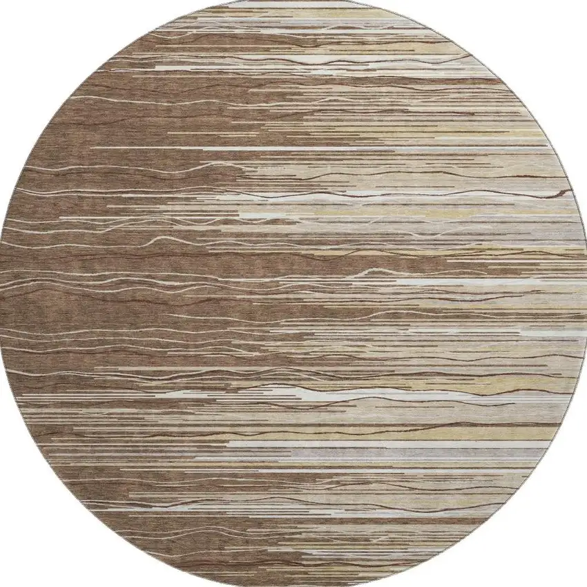 8' Brown Ivory And Beige Striped Washable Round Rug With UV Protection Photo 2