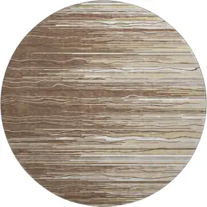 Photo of 8' Brown Ivory And Beige Striped Washable Round Rug With UV Protection