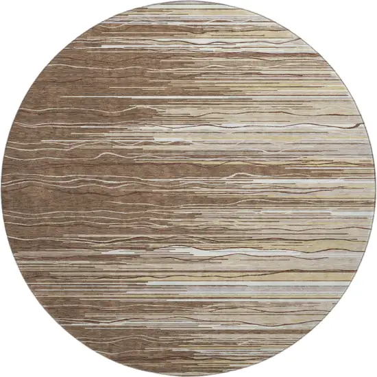 8' Brown Ivory And Beige Striped Washable Round Rug With UV Protection Photo 1