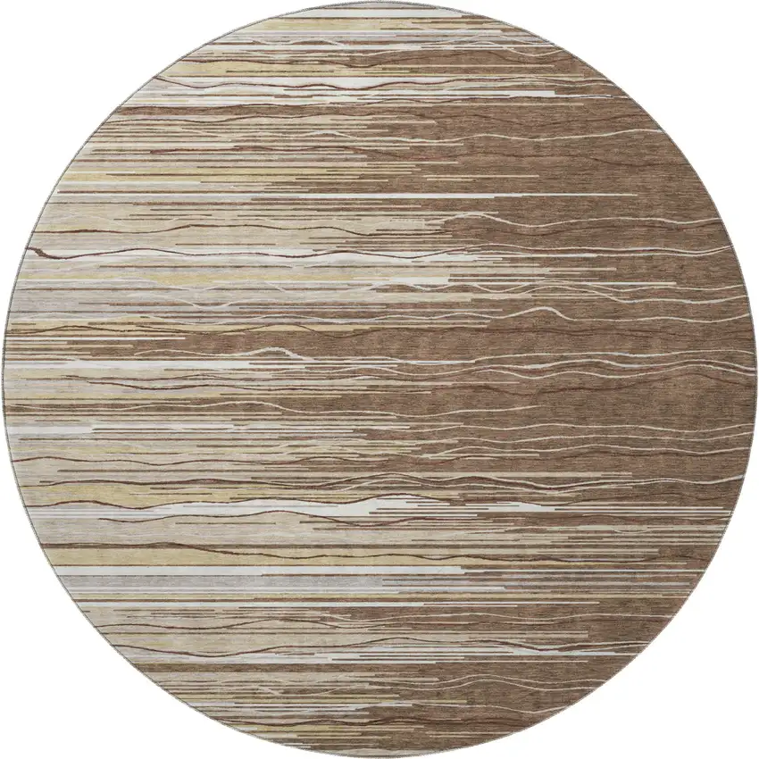 8' Brown Ivory And Beige Striped Washable Round Rug With UV Protection Photo 3