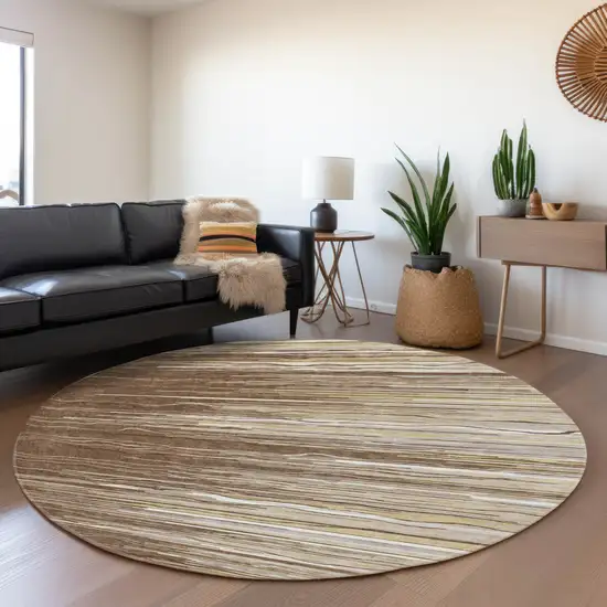 8' Brown Ivory And Beige Striped Washable Round Rug With UV Protection Photo 4