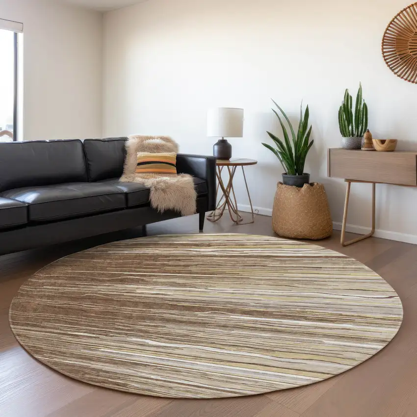 8' Brown Ivory And Beige Striped Washable Round Rug With UV Protection Photo 4
