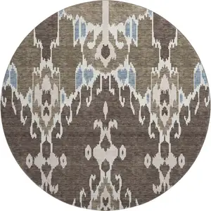 Photo of 8' Brown Ivory And Blue Ikat Washable Round Rug With UV Protection