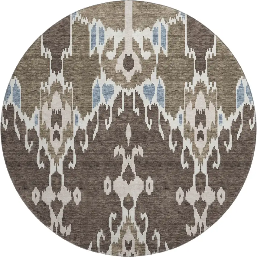 8' Brown Ivory And Blue Ikat Washable Round Rug With UV Protection Photo 1