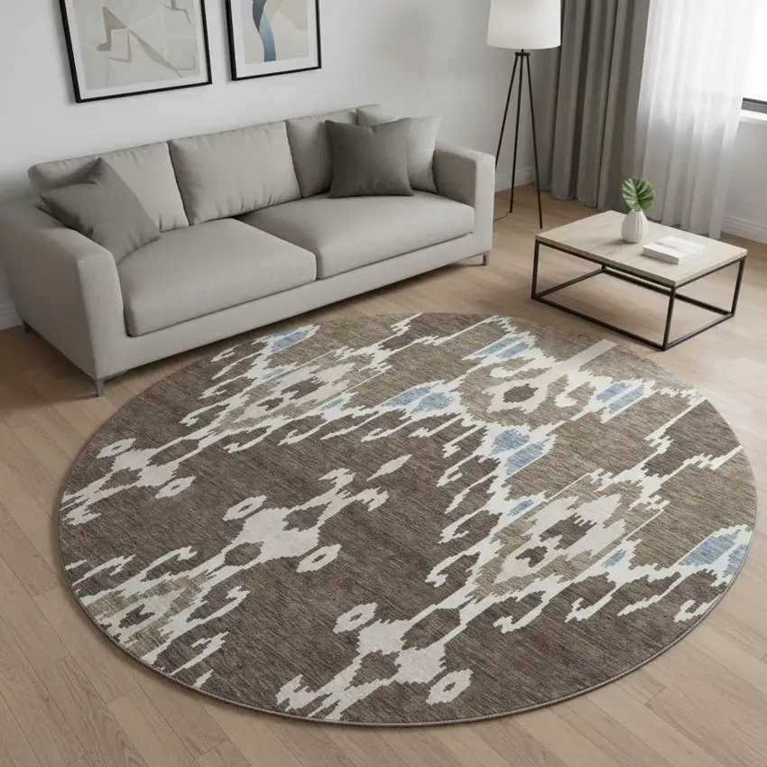 8' Brown Ivory And Blue Ikat Washable Round Rug With UV Protection Photo 2