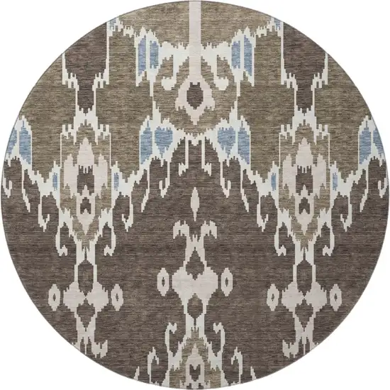 8' Brown Ivory And Blue Ikat Washable Round Rug With UV Protection Photo 4