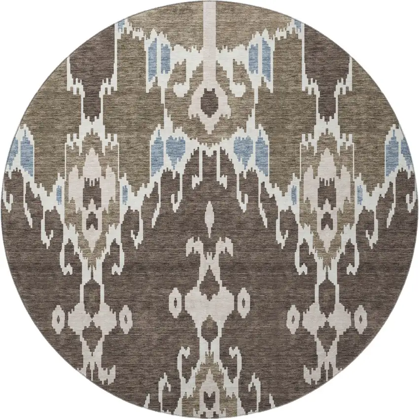 8' Brown Ivory And Blue Ikat Washable Round Rug With UV Protection Photo 4