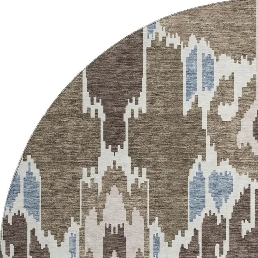 8' Brown Ivory And Blue Ikat Washable Round Rug With UV Protection Photo 3