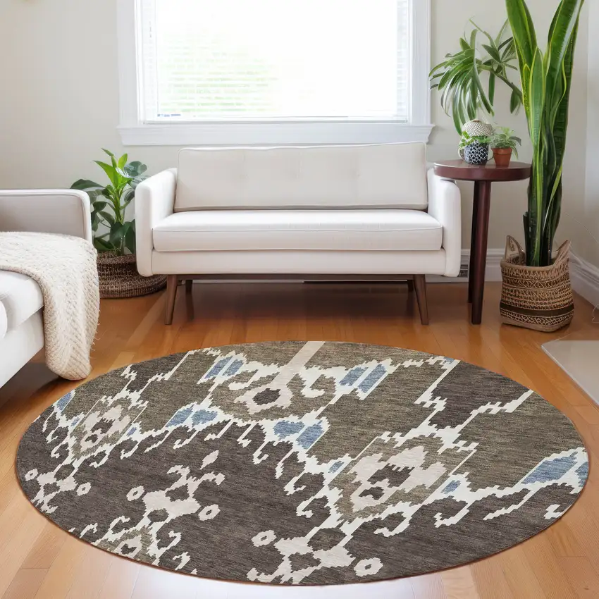 8' Brown Ivory And Blue Ikat Washable Round Rug With UV Protection Photo 5