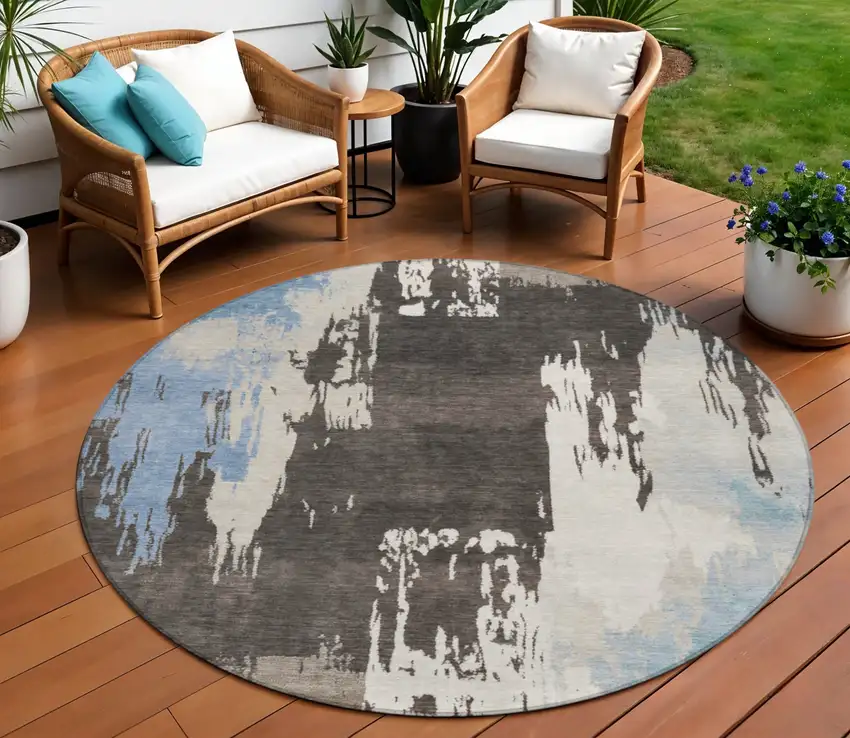 8' Brown Ivory And Blue Round Abstract Washable Indoor Outdoor Area Rug Photo 1
