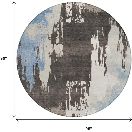 8' Brown Ivory And Blue Round Abstract Washable Indoor Outdoor Area Rug Photo 3