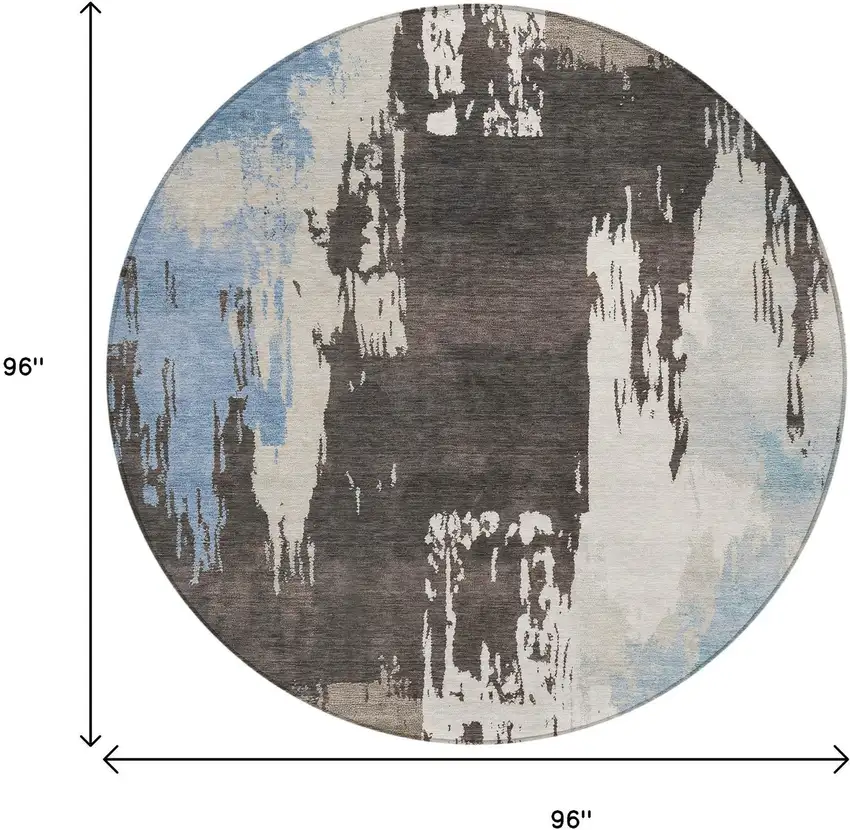 8' Brown Ivory And Blue Round Abstract Washable Indoor Outdoor Area Rug Photo 3