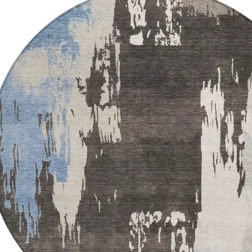 8' Brown Ivory And Blue Round Abstract Washable Indoor Outdoor Area Rug Photo 7
