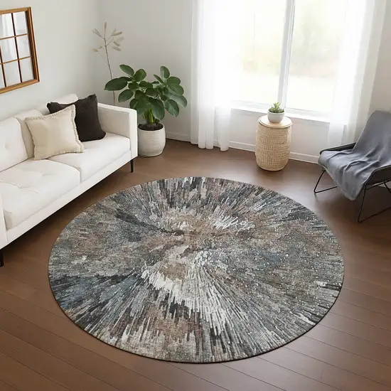 8' Brown Ivory And Charcoal Round Abstract Washable Indoor Outdoor Area Rug Photo 9