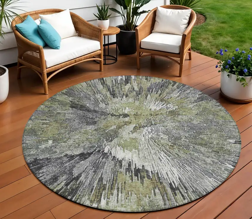 8' Brown Ivory And Charcoal Round Abstract Washable Indoor Outdoor Area Rug Photo 1