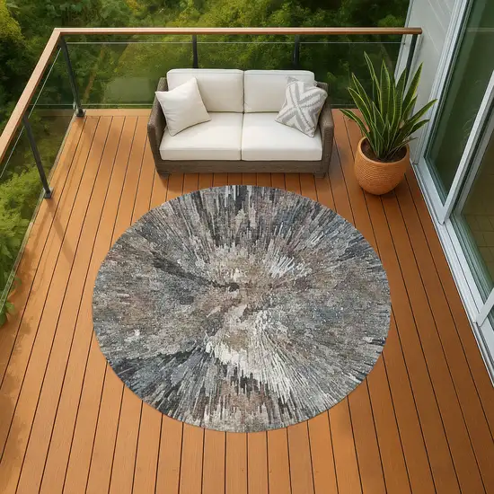8' Brown Ivory And Charcoal Round Abstract Washable Indoor Outdoor Area Rug Photo 8