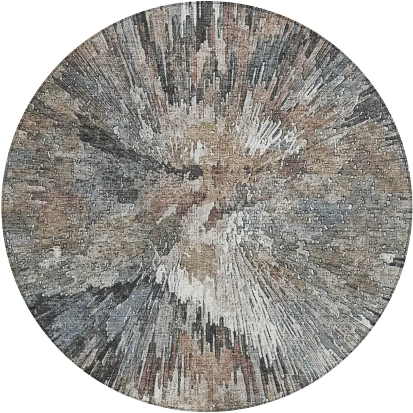 8' Brown Ivory And Charcoal Round Abstract Washable Indoor Outdoor Area Rug Photo 2