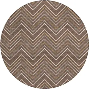 Photo of 8' Brown Ivory And Copper Round Geometric Washable Indoor Outdoor Area Rug