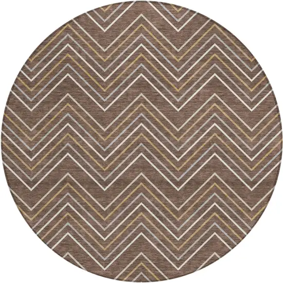 8' Brown Ivory And Copper Round Geometric Washable Indoor Outdoor Area Rug Photo 1