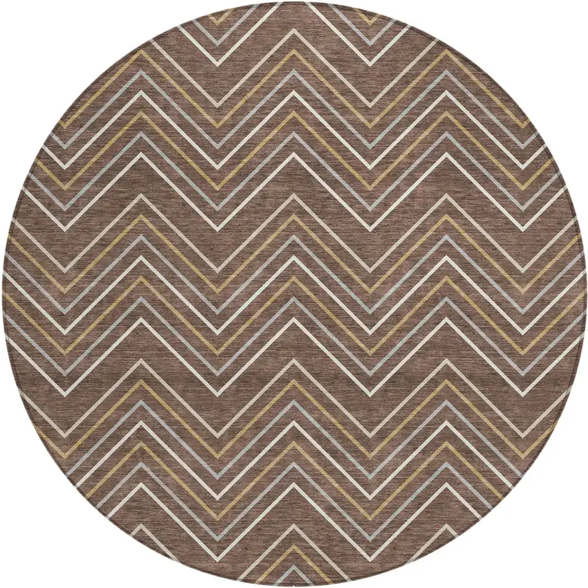 8' Brown Ivory And Copper Round Geometric Washable Indoor Outdoor Area Rug Photo 1