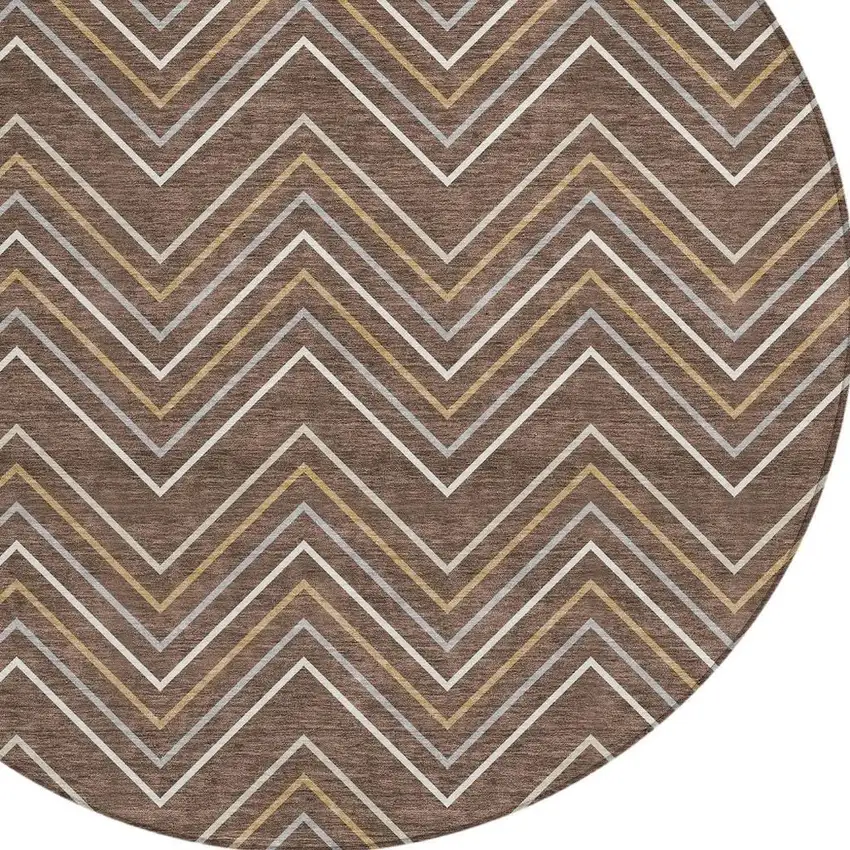 8' Brown Ivory And Copper Round Geometric Washable Indoor Outdoor Area Rug Photo 2
