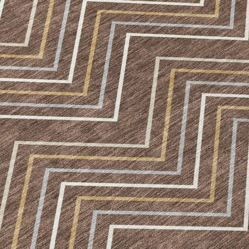 8' Brown Ivory And Copper Round Geometric Washable Indoor Outdoor Area Rug Photo 9