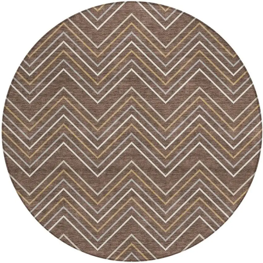 8' Brown Ivory And Copper Round Geometric Washable Indoor Outdoor Area Rug Photo 3