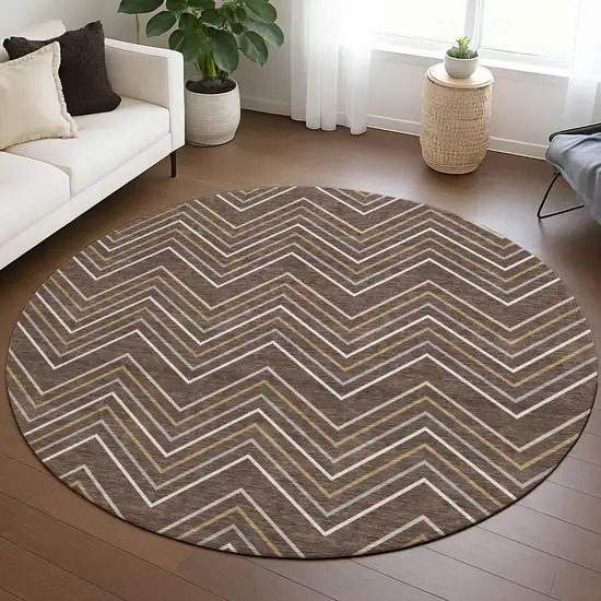 8' Brown Ivory And Copper Round Geometric Washable Indoor Outdoor Area Rug Photo 5