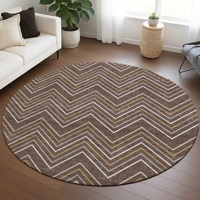 8' Brown Ivory And Copper Round Geometric Washable Indoor Outdoor Area Rug Photo 5