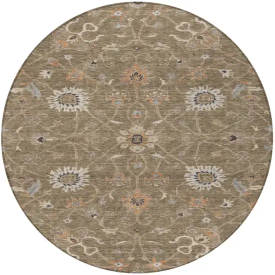 8' Brown Ivory And Coral Round Floral Washable Indoor Outdoor Area Rug Photo 7