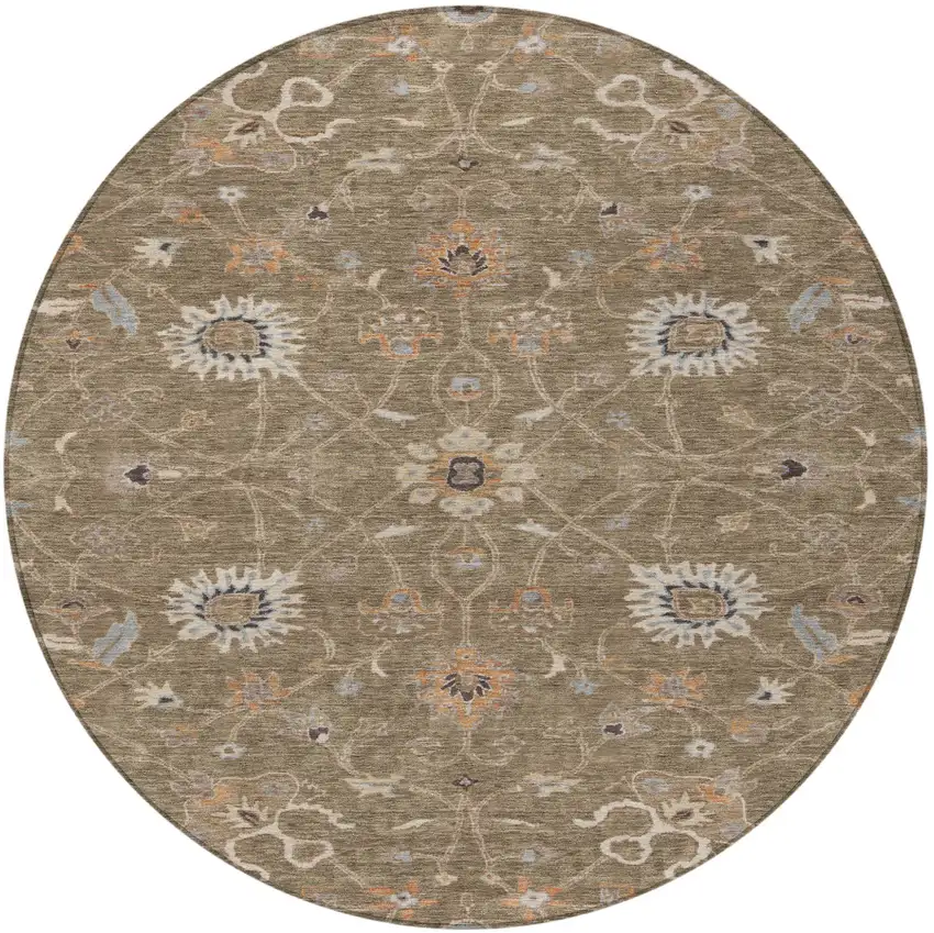 8' Brown Ivory And Coral Round Floral Washable Indoor Outdoor Area Rug Photo 7