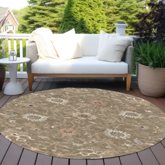 8' Brown Ivory And Coral Round Floral Washable Indoor Outdoor Area Rug Photo 8
