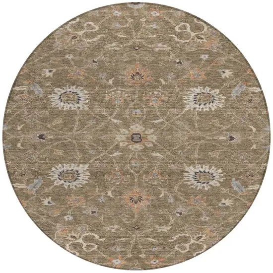 8' Brown Ivory And Coral Round Floral Washable Indoor Outdoor Area Rug Photo 6