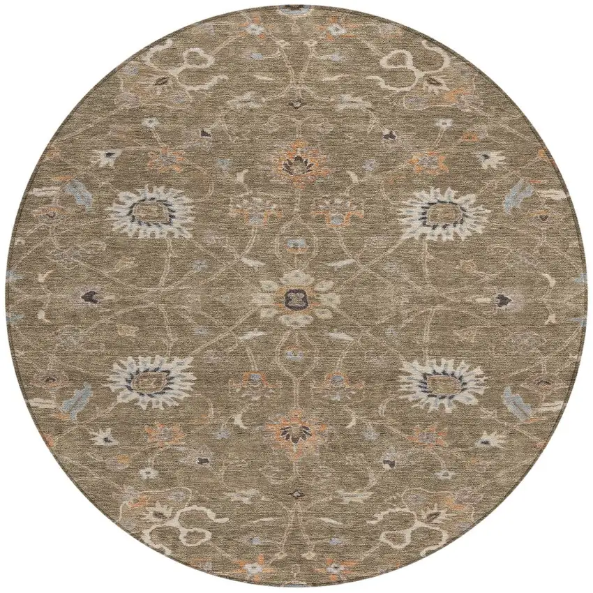 8' Brown Ivory And Coral Round Floral Washable Indoor Outdoor Area Rug Photo 6