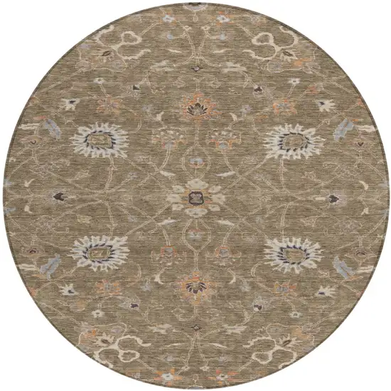 8' Brown Ivory And Coral Round Floral Washable Indoor Outdoor Area Rug Photo 2
