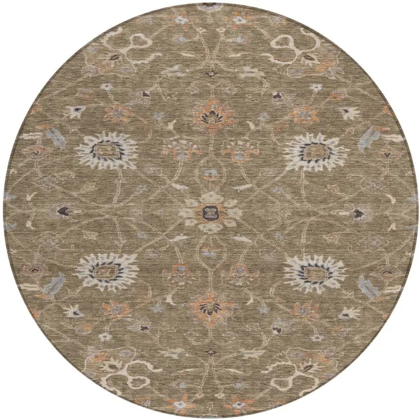 8' Brown Ivory And Coral Round Floral Washable Indoor Outdoor Area Rug Photo 2
