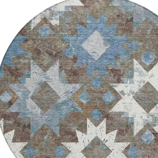 8' Brown Ivory And Denim Blue Round Aztec Washable Indoor Outdoor Area Rug Photo 4