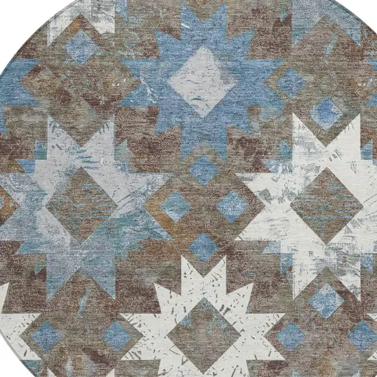 8' Brown Ivory And Denim Blue Round Aztec Washable Indoor Outdoor Area Rug Photo 8