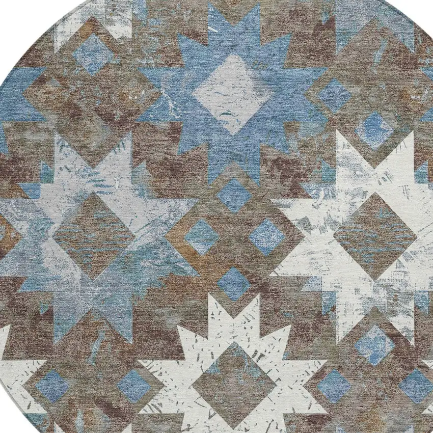 8' Brown Ivory And Denim Blue Round Aztec Washable Indoor Outdoor Area Rug Photo 8