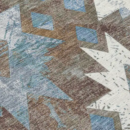 8' Brown Ivory And Denim Blue Round Aztec Washable Indoor Outdoor Area Rug Photo 9