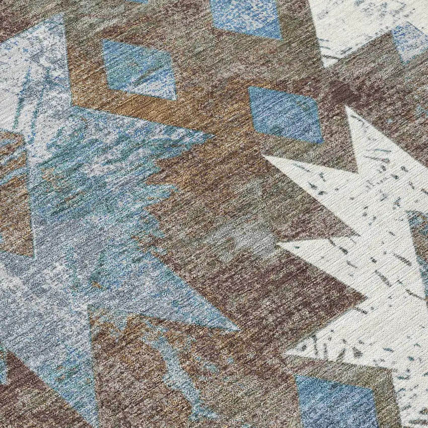 8' Brown Ivory And Denim Blue Round Aztec Washable Indoor Outdoor Area Rug Photo 9