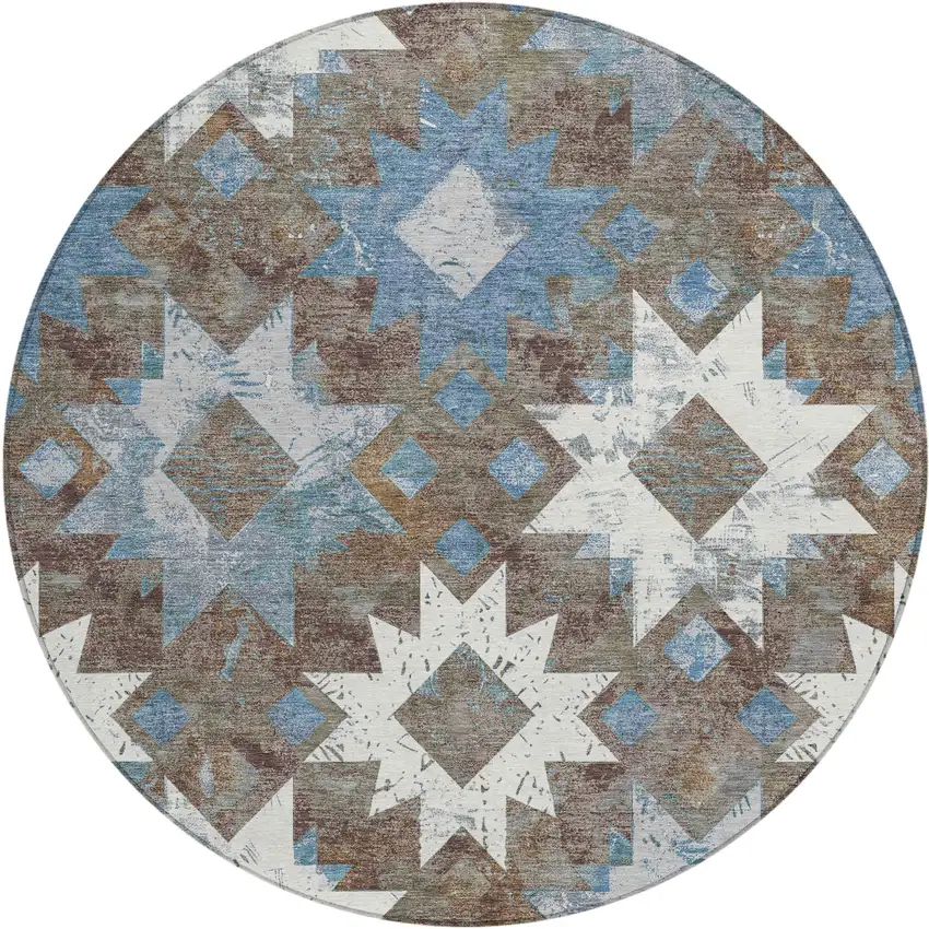8' Brown Ivory And Denim Blue Round Aztec Washable Indoor Outdoor Area Rug Photo 1