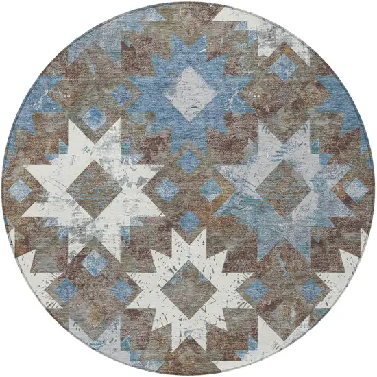 8' Brown Ivory And Denim Blue Round Aztec Washable Indoor Outdoor Area Rug Photo 3