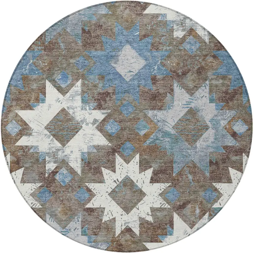 8' Brown Ivory And Denim Blue Round Aztec Washable Indoor Outdoor Area Rug Photo 3