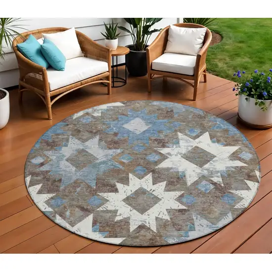 8' Brown Ivory And Denim Blue Round Aztec Washable Indoor Outdoor Area Rug Photo 2